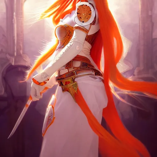 Prompt: Asuna Yuuki, Portrait of a young woman with blonde orange hair wearing a partial paladin armor with a red skirt and white top, face, fantasy, intricate, elegant, highly detailed, digital painting, artstation, concept art, smooth, sharp focus, illustration, art by Fernanda Suarez and Artem Demura and alphonse mucha