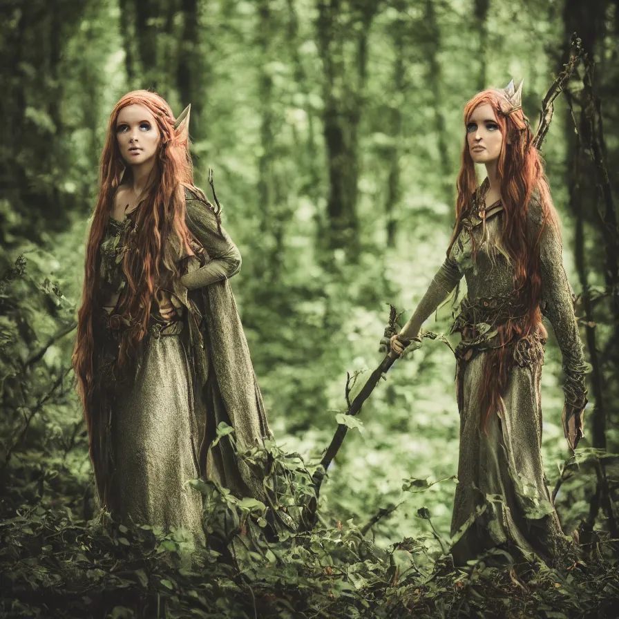 Image similar to A photo of a beautiful and dangerous Elven Queen in her forest; natural light; f/1.4; 90mm