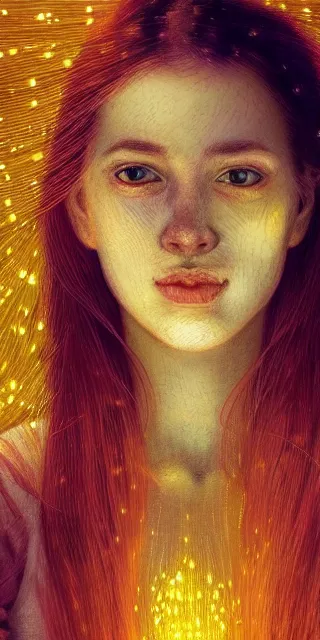 Prompt: an amazed young woman surrounded by golden firefly lights in a mesmerizing scene, sitting amidst nature fully covered, long loose red hair, precise linework, accurate green eyes, small nose with freckles, smooth oval shape face, empathic, bright smile, expressive emotions, hyper realistic ultrafine portrait by artemisia gentileschi, jessica rossier, artgerm