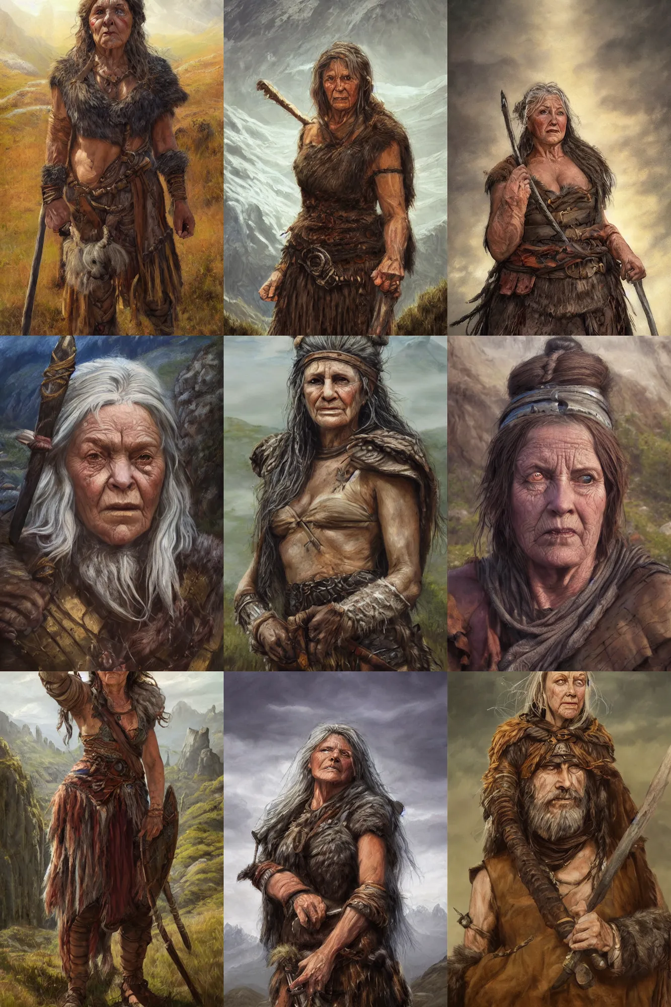 Prompt: a full body high detail fantasy portrait oil painting illustration of a single old rugged stoic barbarian woman by Justin Sweet with face and body clearly visible, in a scenic background, pupils visible, realistic proportions, d&d, rpg, forgotten realms, artstation trending, high quality, sombre mood, artstation trending, muted colours, no crop, entire person visible!, natural light, Adobe Photoshop, Adobe Lightroom, photolab, Affinity Photo,