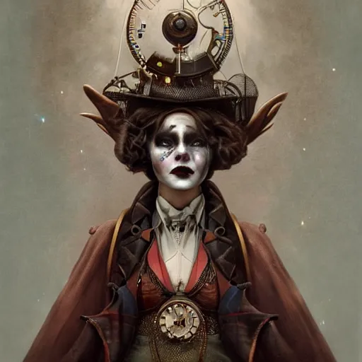 Image similar to by tom bagshaw, ultra realist soft painting of sci fi carnival of curiosities, single steampunk mutated as a dollpunk clown in a full body gothic robe, partial symmetry accurate features, very intricate details, focus, curvy, award winning, ultra dense fog