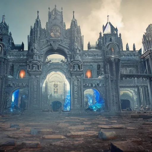 Prompt: dark fantasy, ruined city with palace made out of blue quartz in the middle, cinematic, ultrarealistic, intricate detail, finely detailed, small details, extra detail, high resolution, volumetric lighting, octane render, 8 k, ultradetailed, photorealistic