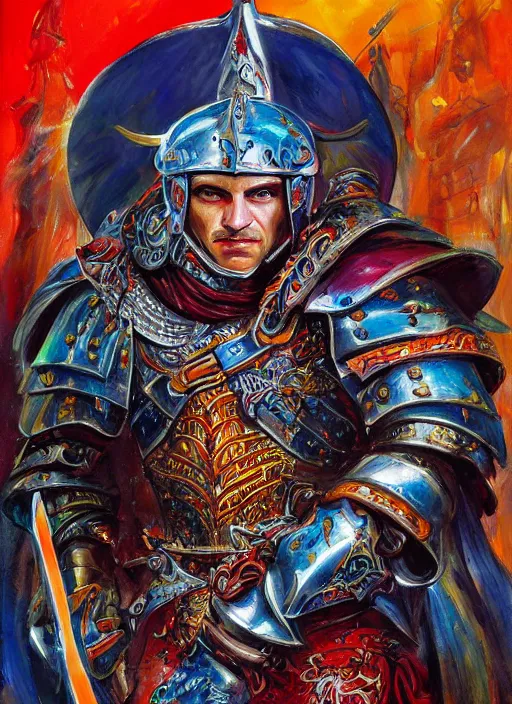 Prompt: a detailed and vibrant portrait painting inspired by esteban maroto of an epic powerful paladin wearing a full metal plate armor and holding a sword