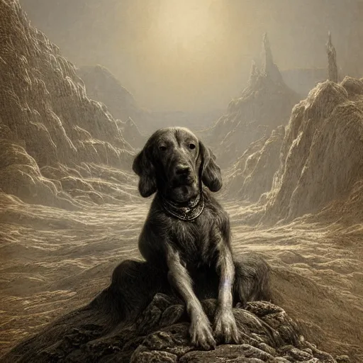 Image similar to dog with a blog, artstation, tolkien, highly detailed matte painting, gustave dore, victorian painting