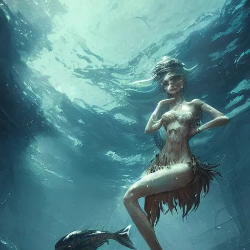 Prompt: a sirene under water, greg rutkowski, 8 k, shallow depth of field, intricate detail, concept art,