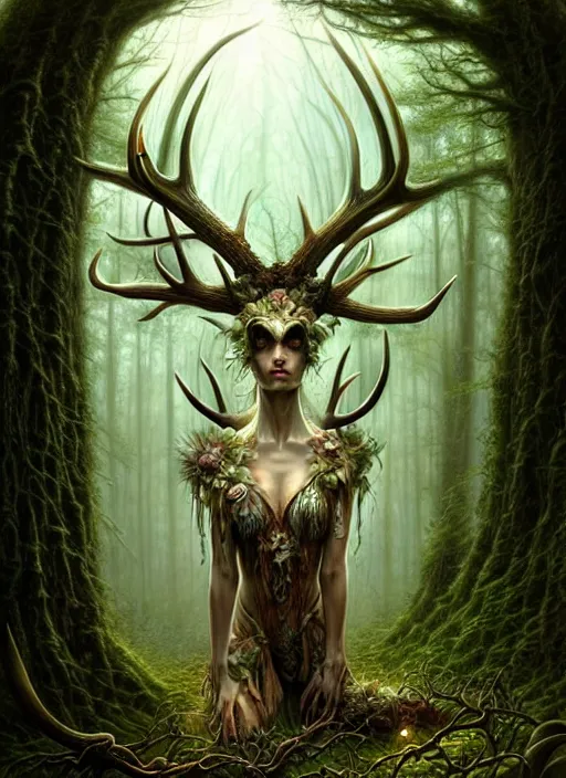 Image similar to spirit of nature with antlers in a scenic dystopian forest environment, intricate, elegant, highly detailed, centered, digital painting, artstation, concept art, smooth, sharp focus, illustration, artgerm, tomasz alen kopera, peter mohrbacher, donato giancola, joseph christian leyendecker, wlop, boris vallejo