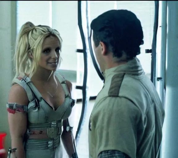 Image similar to a movie still of britney spears as a cuffed prisoner in the movie star wars