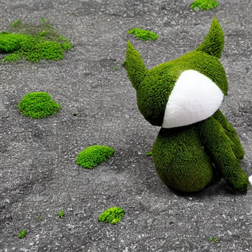 Prompt: cute fumo chibi plush imp, black and white with hearts, mossy concrete, soft shadow, vray