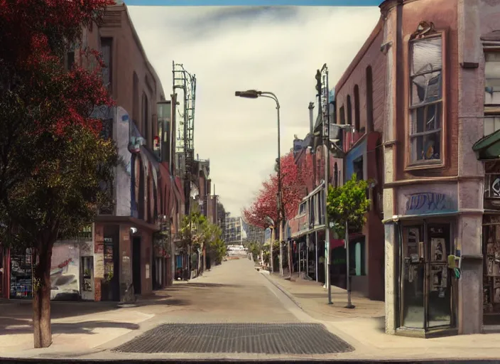 Prompt: north melbourne street, lowbrow, matte painting, 3 - d highly detailed, in the style of mark ryden