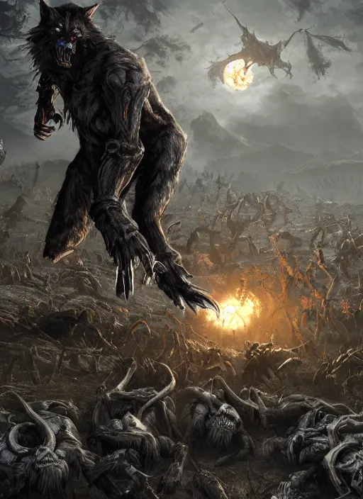 Prompt: werewolf fighting an endless army of skeletons, ultra detailed fantasy, elden ring, realistic, dnd, rpg, game design concept art, behance hd, artstation, deviantart, global illumination radiating a glowing aura global illumination ray tracing hdr render in unreal engine 5