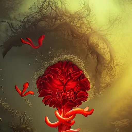 Image similar to a beautiful but creepy and haunting flower with a glowing red heart, growing deep under the sea. Digital art, detailed and intricate, beautiful, haunting