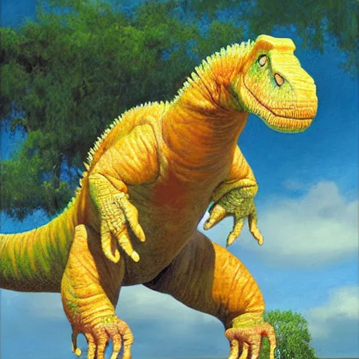 Image similar to eggroll iguanodon, eggroll dinosaur, iguanodon made of eggroll, painting by james gurney