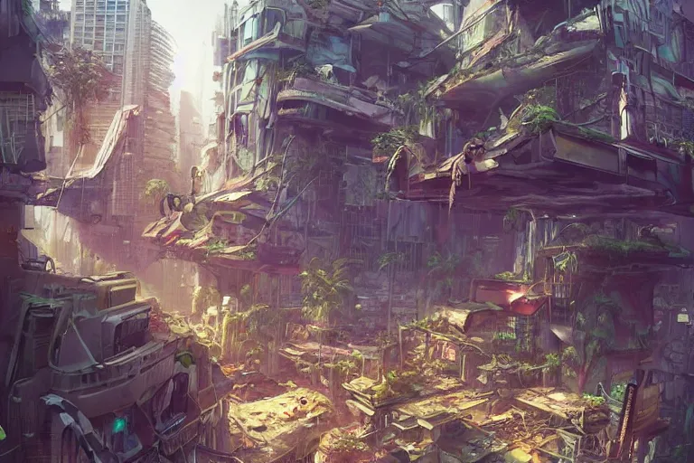 Image similar to a cyberpunk city in ruins, jungle plants overgrowing the streets and buildings, cats run through the ruins, drinking from pools of water and climbing on old fallen signs, by artgerm and amano and rutkowski and kincaid, trending on artstation