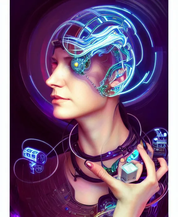 Image similar to a whirlwind of souls rushing inside the metaverse, hologram, half body, piercing, neurochip, shaved temple, jewelry, android, cyborg, cyberpunk face, by loish, d & d, fantasy, intricate, elegant, highly detailed, colorful, digital painting, artstation, concept art, art by artgerm and greg rutkowski and alphonse mucha