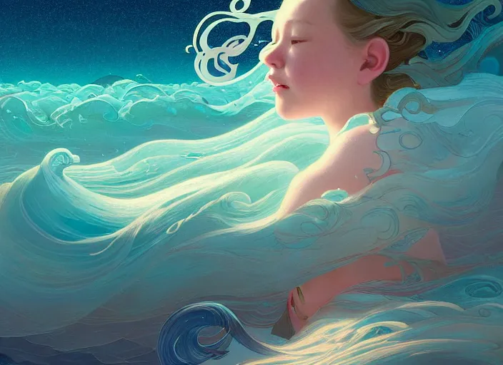 Prompt: harmony of swirly clouds, girl wearing the ocean as a dress, night sky, by wlop, james jean, victo ngai! muted colors, highly detailed, fantasy art by craig mullins, thomas kinkade