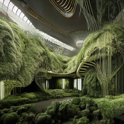 Prompt: a dream about opulent, abandoned overgrown futuristic base on Mars designed by Zaha Hadid, lush plants growing through the glossy floors and walls, walls are covered with moss and vines, beautiful, dusty, golden volumetric light shines through, golden rays fill the space with warmth, rich with epic details, dreamy atmosphere and drama