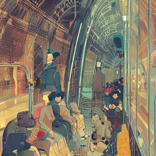 Prompt: parisian subway, illustration by victo ngai