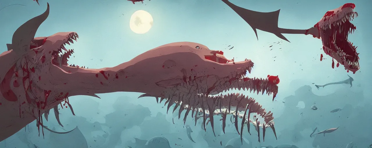 Image similar to piranhas devouring a bloody seal skeleton, blood in the water, atey ghailan, goro fujita, studio ghibli, rim light, terrifying, dark lighting, clear focus, very coherent