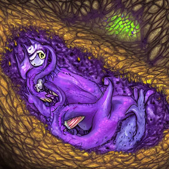 Prompt: detailed shot of inside a cavernous living stomach, the walls purple and pulsing, lots of acid pooling up on the floor, digesting and dissolving a small dragon, food pov, micro pov, vore, digital art, furry art, anthro art, high quality, 8k 3D realistic, macro art, micro art, Furaffinity, Deviantart, Eka's Portal, G6