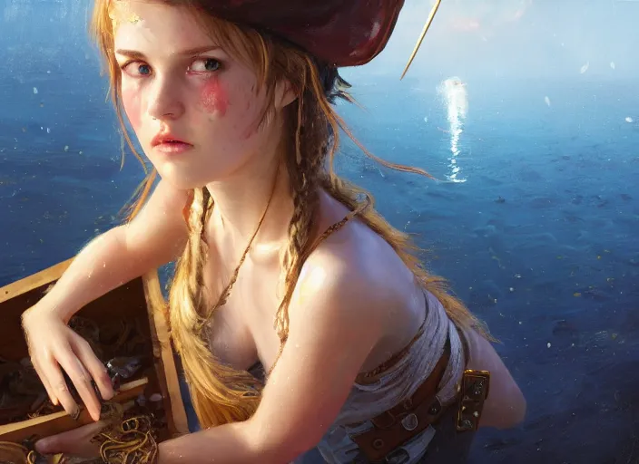 Image similar to wide view picture of a pirate girl, looking at the treasure box, hard breathing, messy hair, very excited, sparkling eyes, magic and fantasy, whale monsters, beautiful and aesthetic and attractive and highly detailed face, specular reflection, occlusion shadow, intricate, bokeh, masterpiece, by ilya kuvshinov and jeremy lipking and quentin mabille