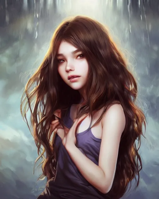 Image similar to 1 5 - year old girl with lush frizzy untamable brown hair, large front teeth, and bright piercing brown eyes, hyper realistic face, beautiful eyes, character art, art by artgerm lau and wlop and and ilya kuvshinov and john singer sargent, hyperdetailed, cryengine, trending on artstation, digital art