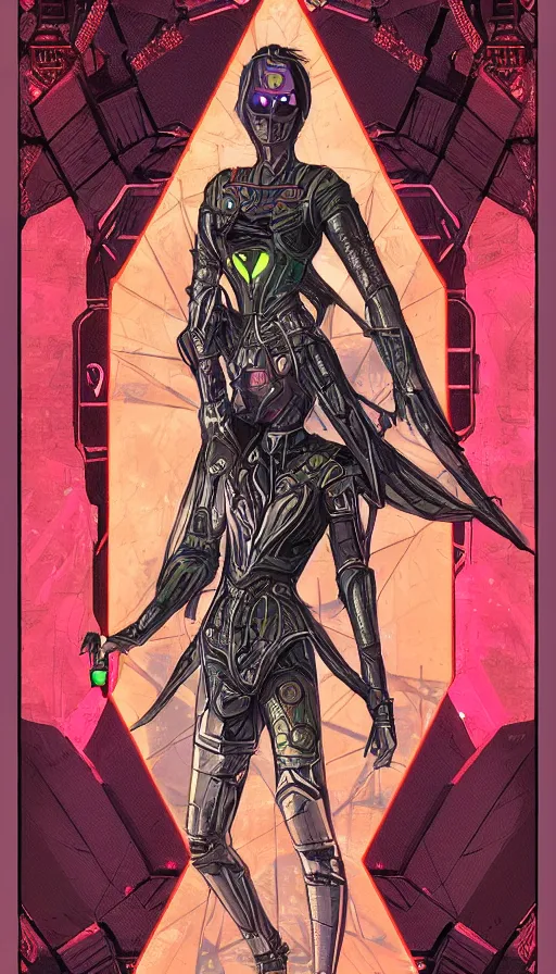 Image similar to a tarot card of the empress, cyberpunk themed art, concept art