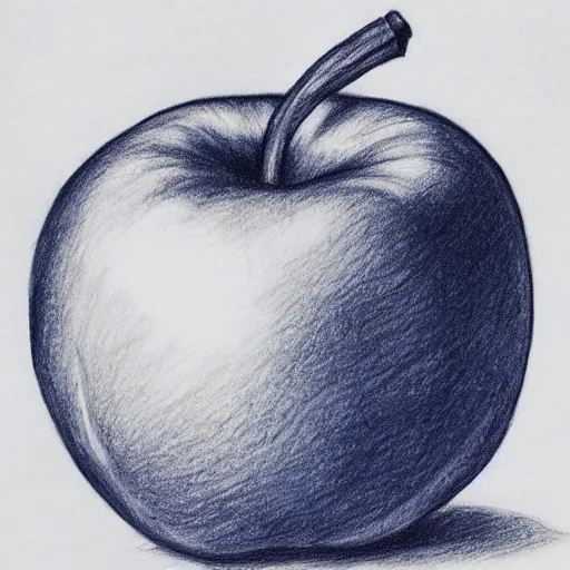 Prompt: blue ballpoint pen drawing of an apple and a banana