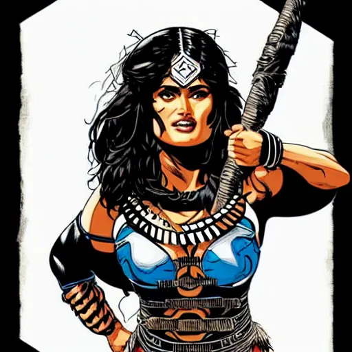 Prompt: illustration of Salma Hayek as a barbarian warrior intricate details by MARVEL comics and Sandra Chevrier , elegant, highly detailed , centered