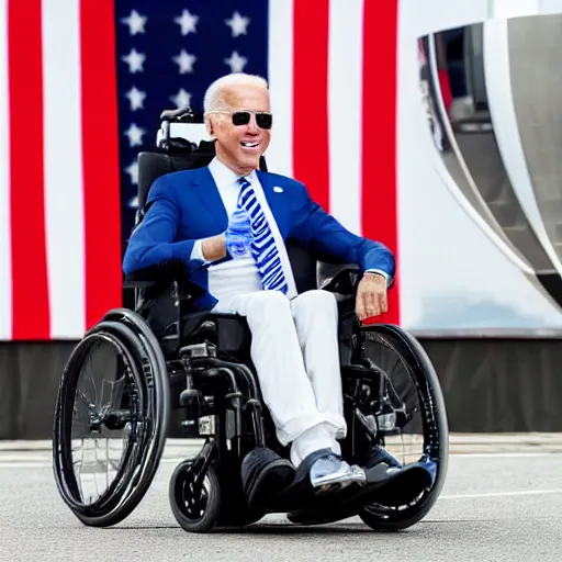 Image similar to still image of joe biden sitting in a wheelchair that has a rocket booster attached to the back, turbo boosted wheelchair, 8 k photo