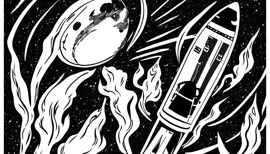 Image similar to travel to the moon with a rocket, style of graphic novel the sandmarn, black outline, on white, smooth, sharp lines, detailed