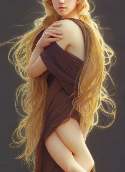 Image similar to pretty young man with shoulder length shiny shimmering golden blond hair, half body shot, path traced, highly detailed, high quality, digital painting, by studio ghibli and alphonse mucha, leesha hannigan, hidari, disney