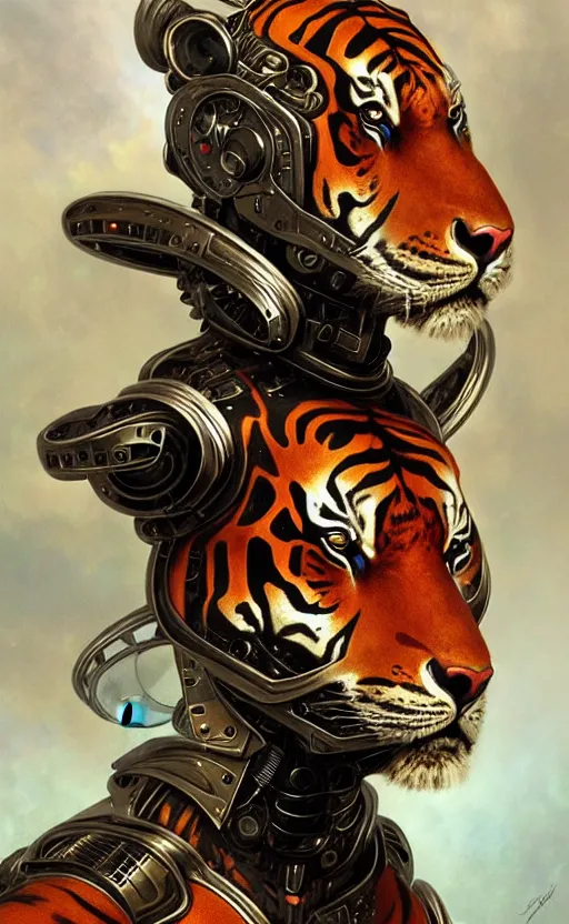 Image similar to a anthropomorphic cyber tiger wearing scifi armor, diffuse lighting, fantasy, intricate, elegant, highly detailed, lifelike, photorealistic, digital painting, artstation, illustration, concept art, smooth, sharp focus, art by john collier and albert aublet and krenz cushart and artem demura and alphonse mucha