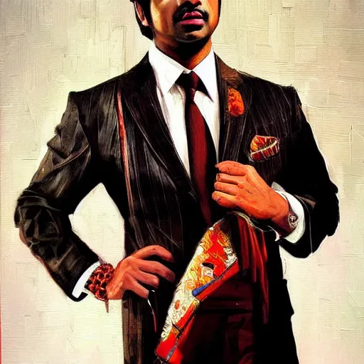 Prompt: a painting of raj koothrappali kunal - nayyar as the mob - boss in the godfather, by arthur suydam trending on artstation, oil painting rebrandt