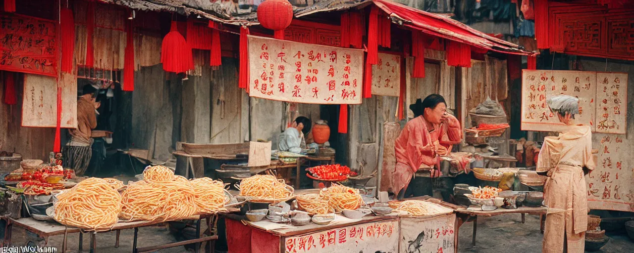 Image similar to spaghetti stall at the height of the jin dynasty in ancient china, afternoon glow, canon 5 0 mm, wes anderson film, kodachrome, retro