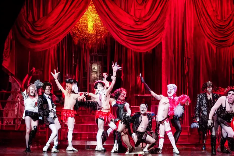 Prompt: photo of a huge theaterstage, play is rocky horror picture show, theater curtains are red, 3 actors in sexy costumes standing on stage singing, 8 k, multicolored, exaggerated detailed, long shot