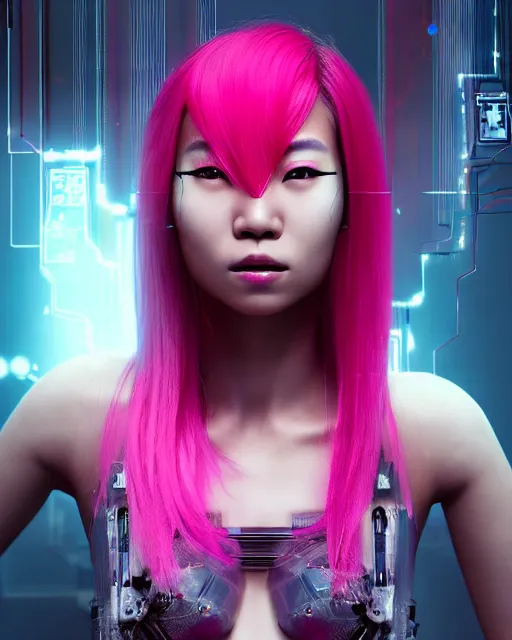 Image similar to portrait of a beautiful asian woman with pink hair as a cyberpunk cyborg half robot, skin open to reveal wires and electronics, sci - fi, missing panels, intricate abstract upper body intricate artwork, concept art, octane render, deviantart, cinematic, key art, hyperrealism, iridescent accents, portrait photograph, nikon 3 5 mm, photograph by greg rutkowski