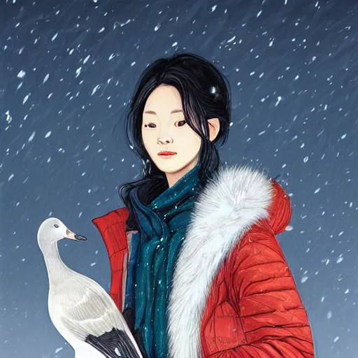 Image similar to the portrait a beautiful grocery young asia woman in down jacket, with a goose ， the background is dust earth road ， river winter an snow, illustration by kim jung gi, irakli nadar, bright colors, octopath traveler, wenjun lin, unreal engine 5 highly rendered, global illumination, radiant light, detailed and intricate environment