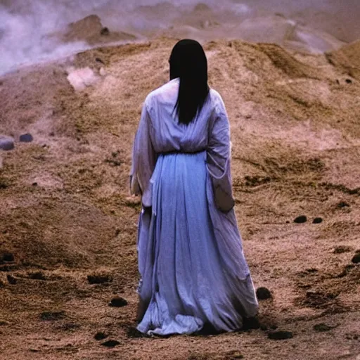 Image similar to The full body shot of beautiful pale woman with many flowers and full-face black mask with glowing halo, a thick black smoke in rocky desert landscape, blue background, falling star on the background, burning earth by Christopher Doyle, Gaspar Noe, Tarkovsky, Alejandro Jodorowsky, anamorphic lens, cinematic composition, award winning photo, 8k