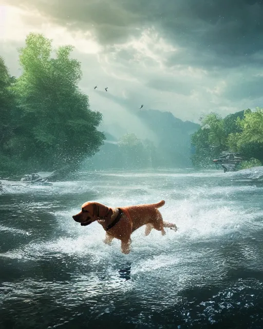 Image similar to dog swimming in the river, hyper realism, cinematic, volumetric lighting, dramatic ambient lighting, epic composition, high detail, octane render, unreal engine, 8 k, professional photo, photorealistic, intricate complexity, extremely detailed,