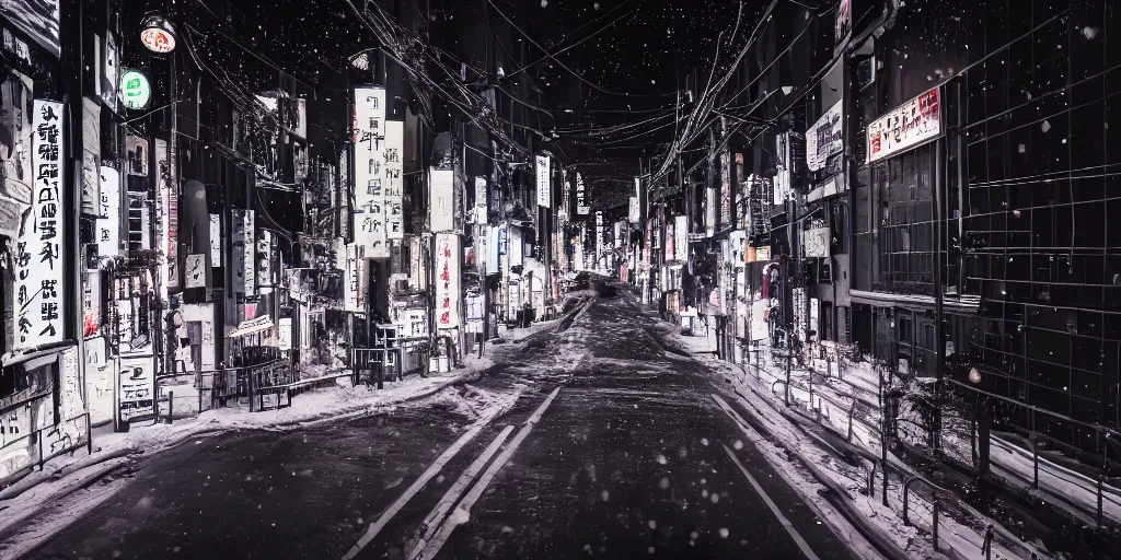 Image similar to a city street at night, snowing, photograph, cyberpunk, sharp focus, intricate detail, drone shot, high resolution, 8k, neon streetlights, wires hanging down everywhere, Japan,