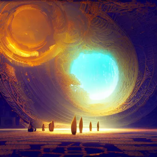 Image similar to within a flower the whole and finite capsule apparent with awe the apparition, an idea seep's into infinity highly detailed in volumetric latent space, golden turquoise steampunk, high contrast cinematic light, mystical shadows, sharp focus, divine realm of gods, octane render, artist by greg rutkowski,