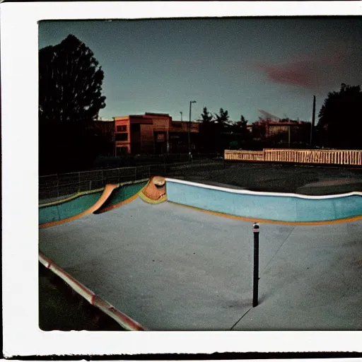 Image similar to a 1 9 9 0's photograph of a skatepark in a small town at dusk, polaroid, candid photography