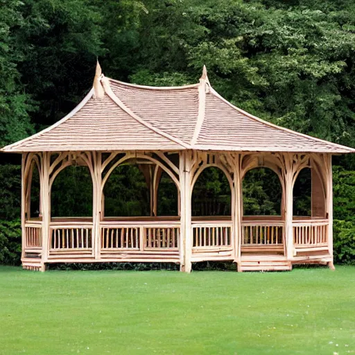 Prompt: roofed elevated veranda of a brown wooden summerhouse with a white swinging garden hammock