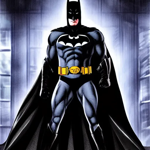 Prompt: Batman waiting, his black cape flowing, menacing glare, in a dark alley, lit by a single neon, at night, dark atmosphere, extremely realistic digital art, artstation, by Jim Lee