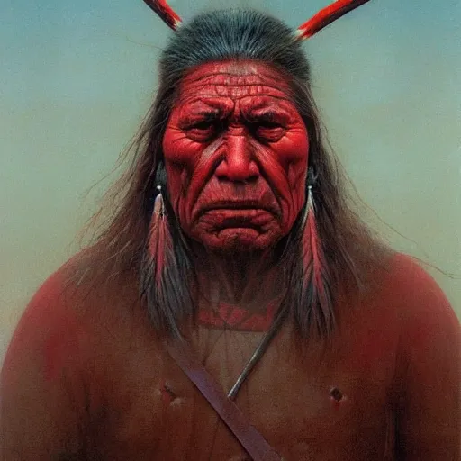 Prompt: Angry Native American Chieftain portrait, dark fantasy, red, artstation painted by Zdzisław Beksiński and Wayne Barlowe