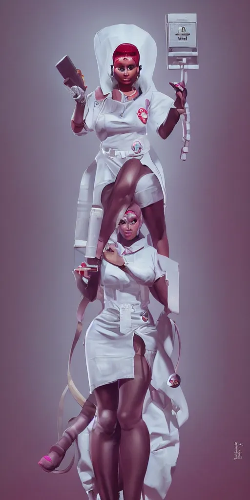 Image similar to full body portrait of nicki minaj as a nurse, concept design, contrast, hot toys, kim jung gi, greg rutkowski, zabrocki, karlkka, jayison devadas, trending on artstation, 8 k, ultra wide angle, pincushion lens effect