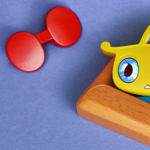 Image similar to wooden toy, tamagotchi, hat, big eyes