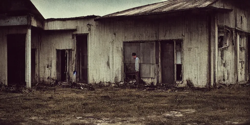 Prompt: detailed analog medium format photo made by tarkovsky, polaroid photo of a man standing outside abandoned building in country while it burns away, high production value, intricate details, 8 k resolution, hyperrealistic, hdr, photorealistic, high definition, tehnicolor, award - winning photography, masterpiece, amazing colors