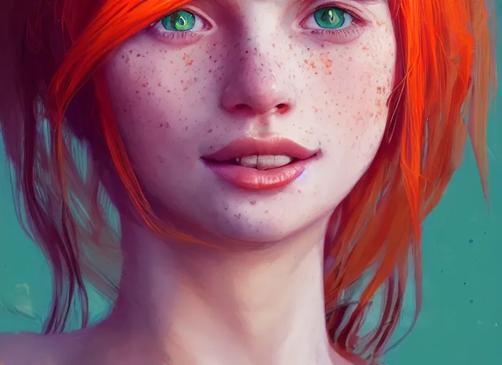 Image similar to portrait of a beautiful smiling girl with orange hair and freckles, green eyes, highly detailed, digital painting, concept art, smooth, sharp, focus, background is purple, artstation, style by Bo Feng Lin