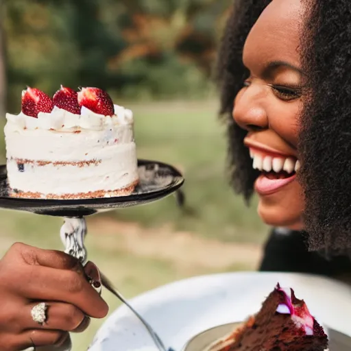 Image similar to black woman eating a slice of cake, award - winning photograph